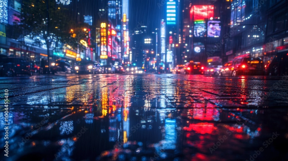 City Lights Reflection in Wet Pavement After Rain City Lights Reflection in Wet Pavement After Rain