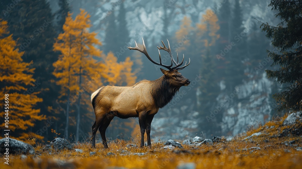 Majestic elk standing gracefully among autumn foliage in a serene forest setting Majestic elk standing gracefully among autumn foliage in a serene forest setting