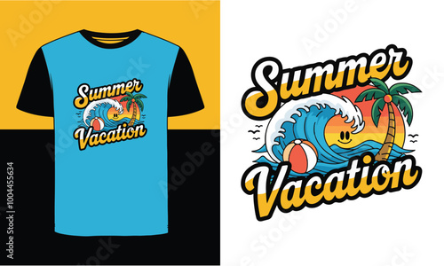 A blue T- Shirt with the words summer vacation on it. Summer T-Shirt design, eps file.