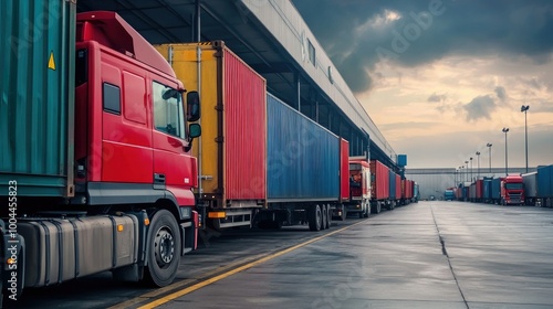 A line of freight trucks parked at a warehouse, each carrying large shipping containers, ready for transport.