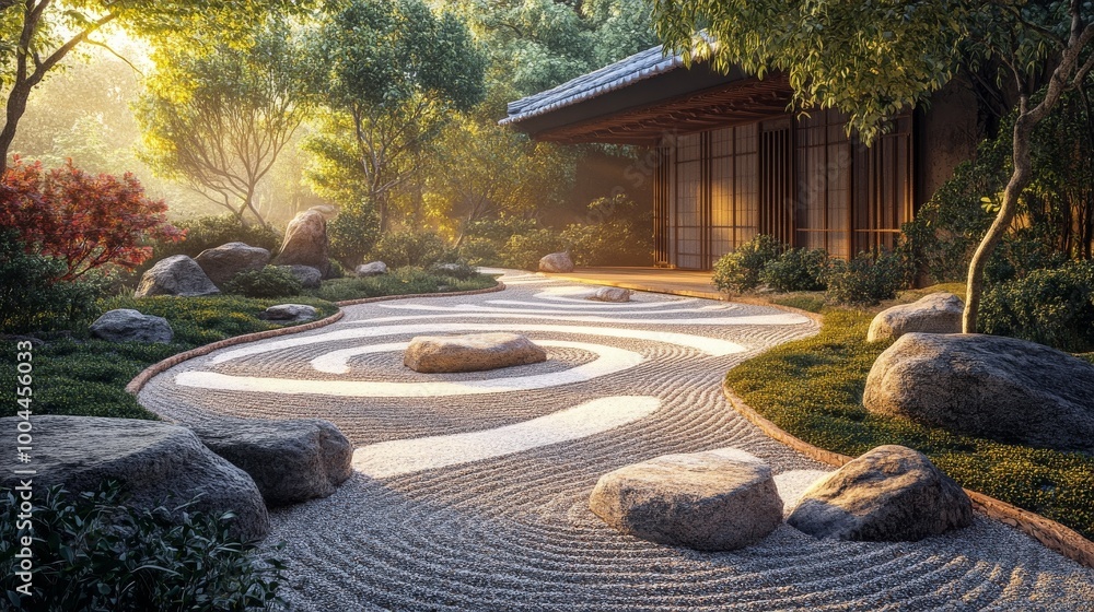 Zen Garden with Stone Path and Japanese House Zen Garden with Stone Path and Japanese House