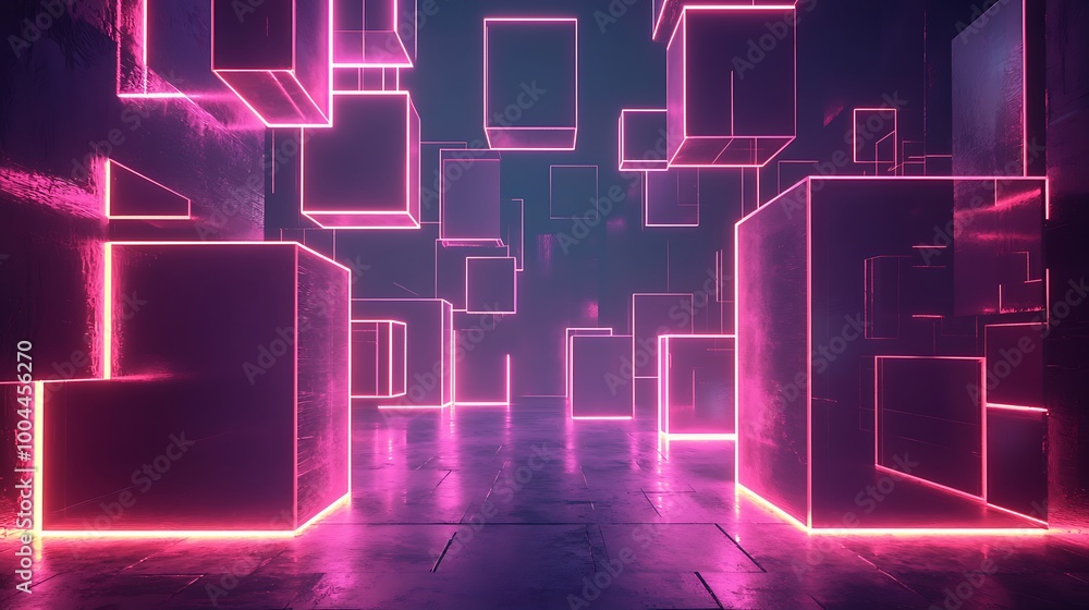 Neon pink cubes hover in a futuristic space, their glowing edges creating a digital symphony of light. Neon pink cubes hover in a futuristic space, their glowing edges creating a digital symphony of light.