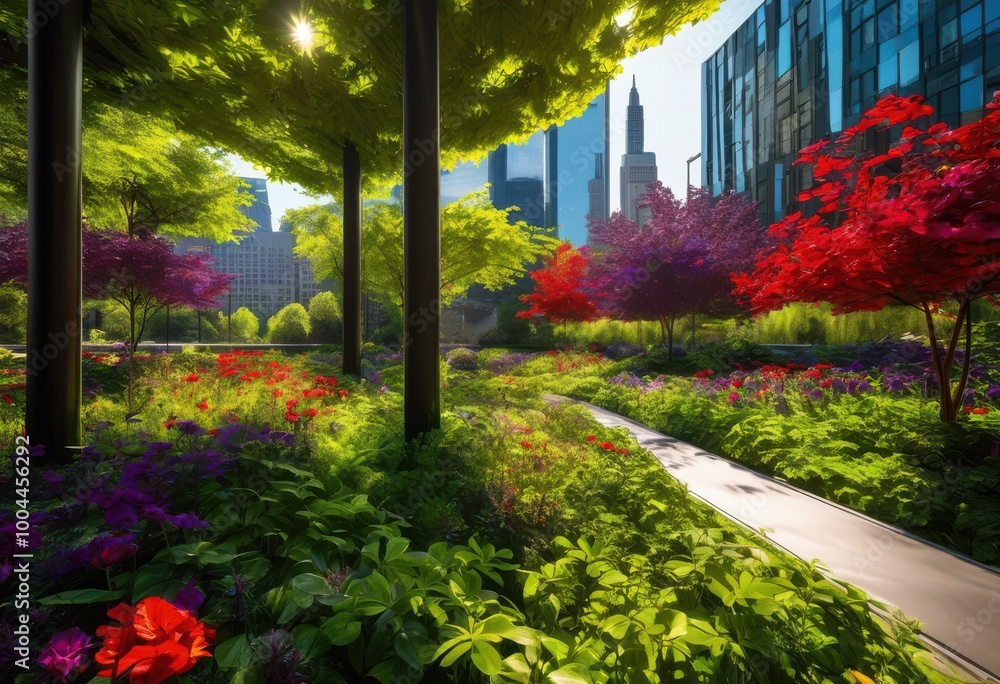 Fototapeta premium vibrant urban green spaces filled lush plant life colorful flora city backdrop, plants, trees, parks, gardens, landscapes, greenery, flowers, buildings