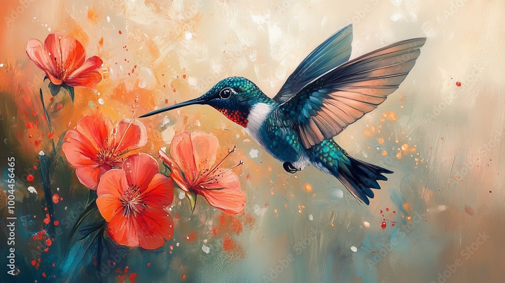 Hummingbird in Flight with Red Flowers and Abstract Background Hummingbird in Flight with Red Flowers and Abstract Background