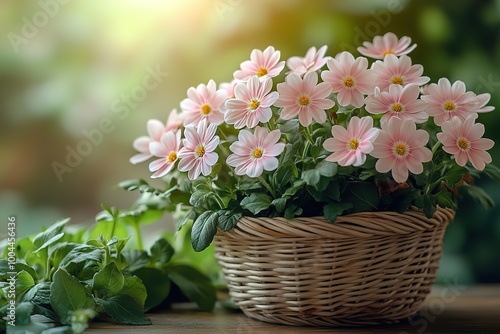 A basket full of pink flowers sits on a wooden table