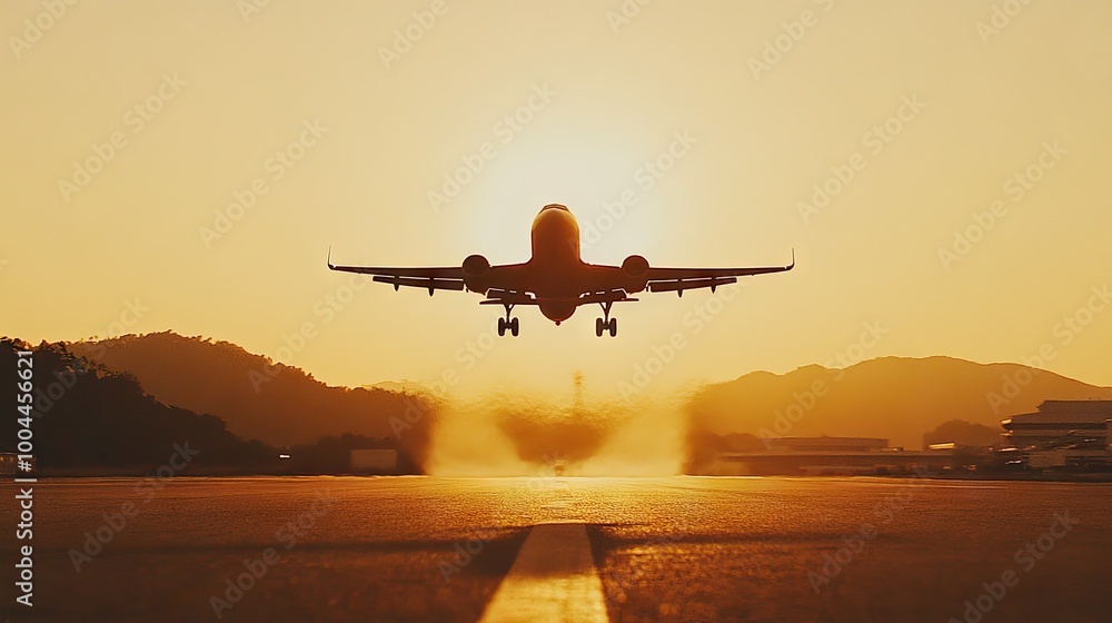 Fototapeta premium A model airplane taking off from a runway, set against a bright sky, symbolizing the start of an overseas adventure.