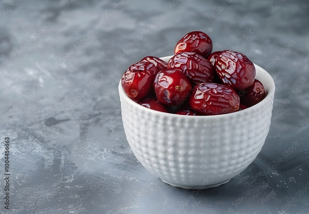 Ramadan Dates in White Bowl on Gray Background Ramadan Dates in White Bowl on Gray Background