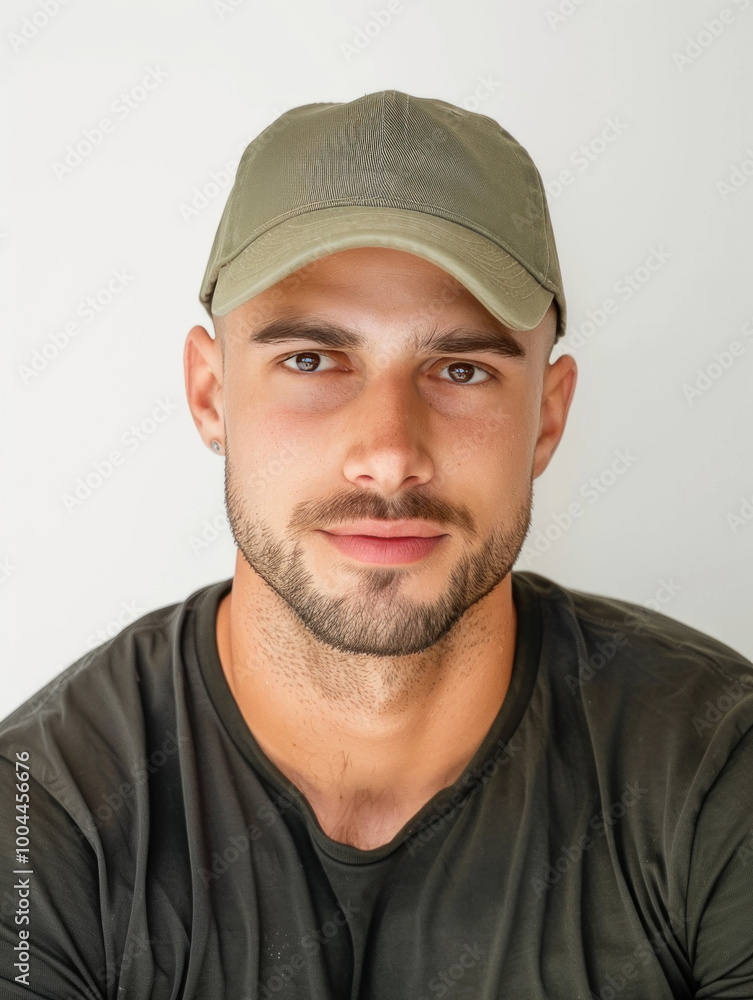 Portrait of a young man wearing a casual olive cap. Portrait of a young man wearing a casual olive cap.