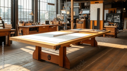 Large Wooden Drafting Table in a Sunlit Artist s Studio