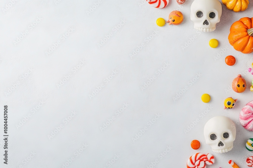 A black background with a variety of Halloween treats including candy, cookies , with ample copy space for text. A black background with a variety of Halloween treats including candy, cookies , with ample copy space for text.