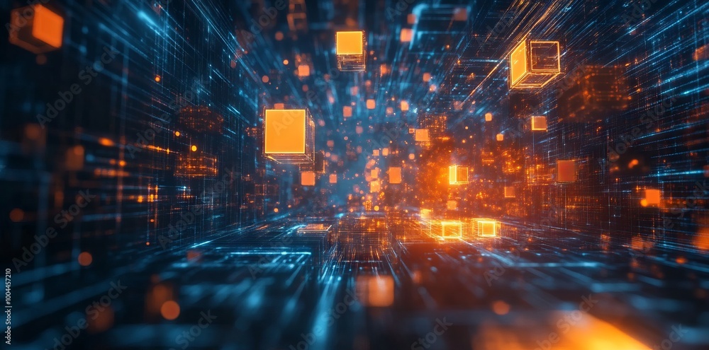 Futuristic Geometric Landscape with Orange and Blue Cubes, AI generated illustration Futuristic Geometric Landscape with Orange and Blue Cubes, AI generated illustration