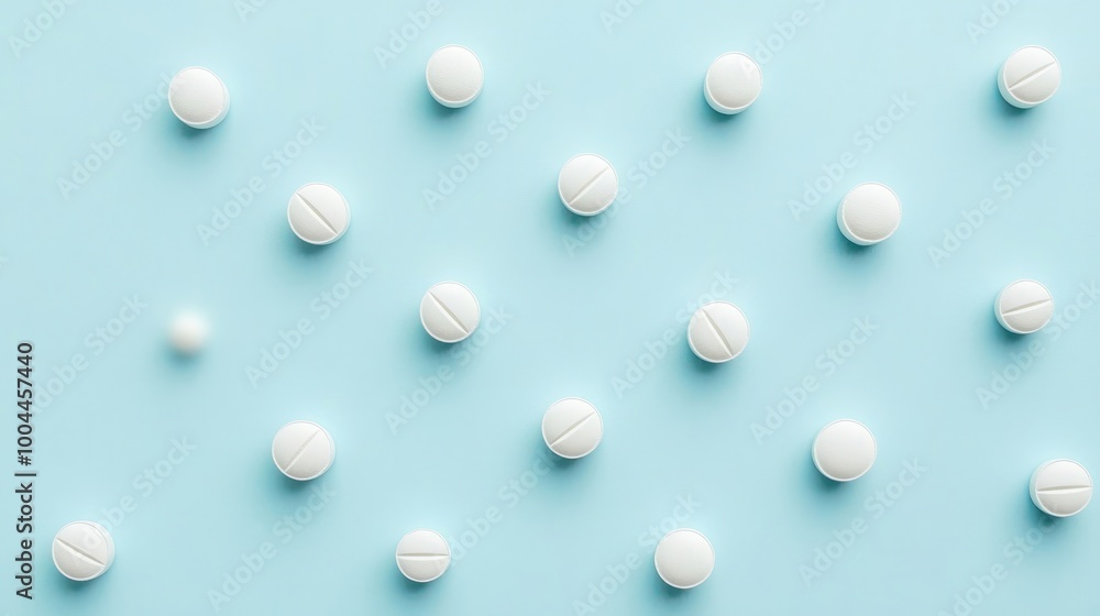 White pills on a blue background in a medical-themed layout White pills on a blue background in a medical-themed layout