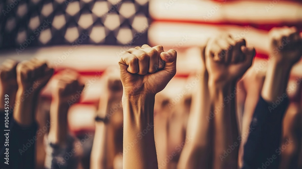 Obraz premium Image celebrates Labor Day in the United States, symbolized by a group of raised fists representing solidarity and strength. The foreground features the American flag, embodying patriotism and unity. 
