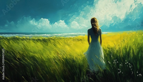 Woman Embracing Solitude In The Serenity Of Nature: Expressions Of Freedom, Hope, And Inspiration In A Lonely Landscape Painting Art. photo