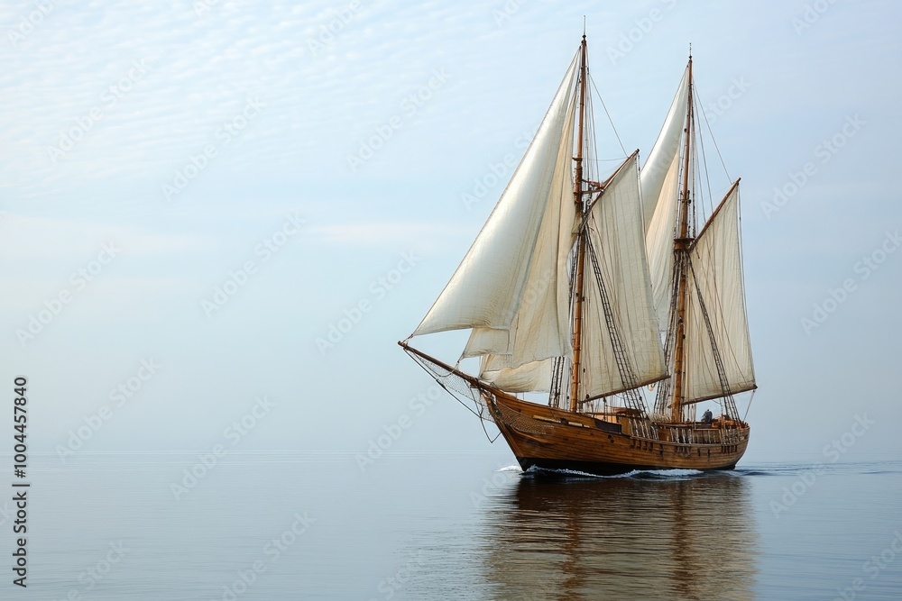 Wooden sailing ship with large sails in the open sea, moving across calm Wooden sailing ship with large sails in the open sea, moving across calm