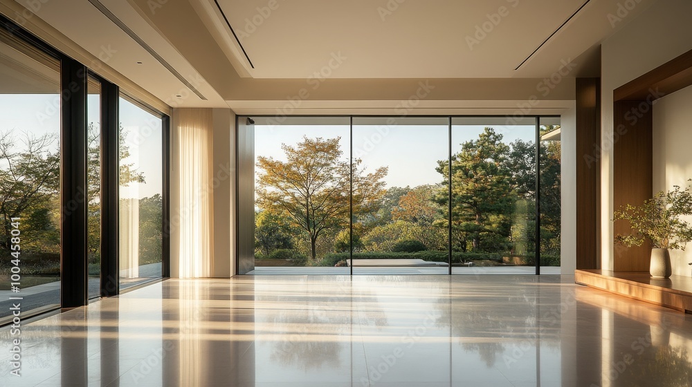 Obraz premium Modern Minimalist Interior Design with Large Windows and Natural Light