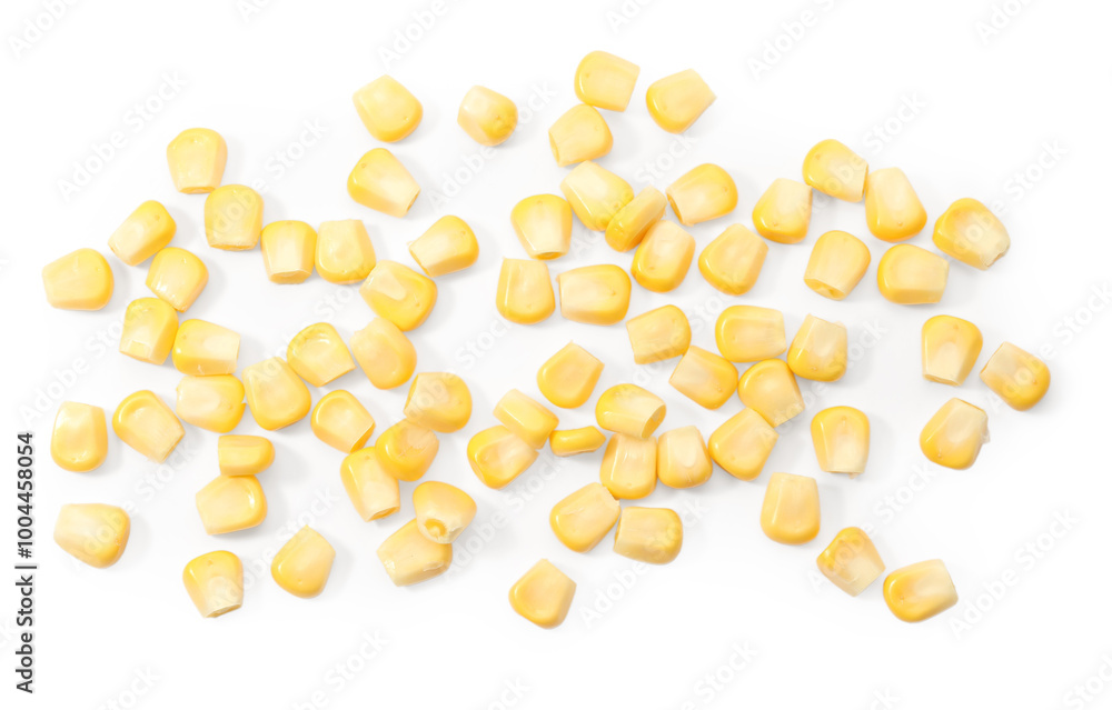 Pile of fresh corn kernels on white background, flat lay Pile of fresh corn kernels on white background, flat lay