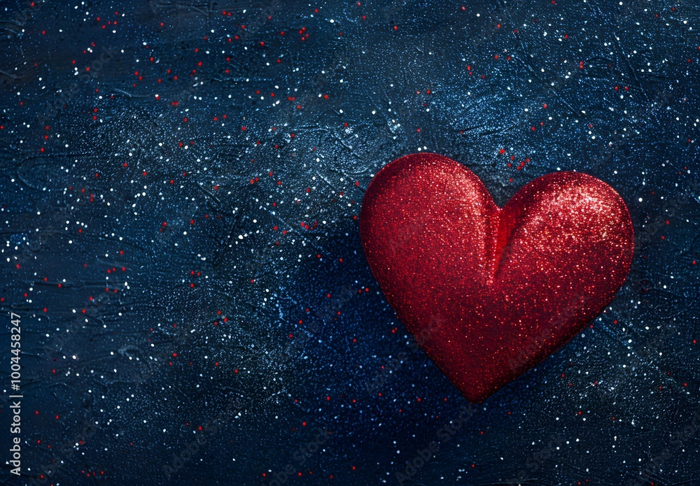 Glittering Red Heart on Blue Background Glittering Red Heart on Blue Background