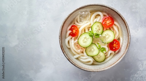 A beautifully presented bowl of cold udon noodles topped with sliced cucumbers, cherry tomatoes, and a drizzle of soy sauce, served with ice cubes in a minimalist setting.