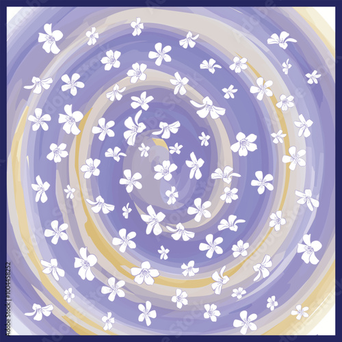 Scarf design. square white and purple floral scarf pattern. small Flowers and swirl design for textile. Flowers Hijab scarf, foulard, shawl or carpet