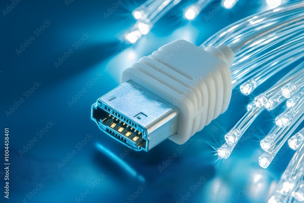 Close-up of an Ethernet plug and glowing fiber optic strands, symbolizing fast internet and digital communication systems, illuminated blue technology theme Close-up of an Ethernet plug and glowing fiber optic strands, symbolizing fast internet and digital communication systems, illuminated blue technology theme