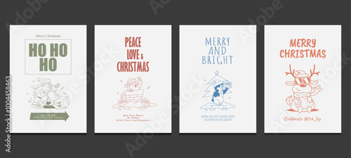 Merry Christmas greeting cards or graphic t-shirt design with retro mascot cartoon characters, vector illustration