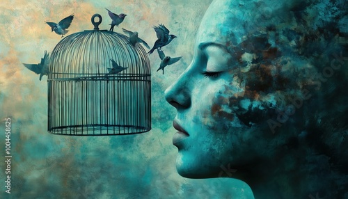 Surreal Artwork Depicting Freedom, Soul, And Inspiration: 3d Illustration Of A Bird Cage On Human Face. Conceptual Painting Design. photo