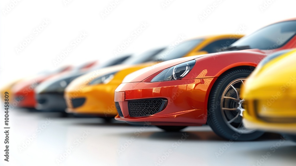 Fototapeta premium A row of colorful sports cars displayed in a bright, clean environment.