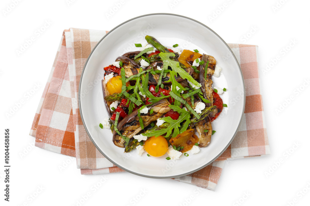 Tasty salad with grilled vegetables in bowl isolated on white, top view Tasty salad with grilled vegetables in bowl isolated on white, top view