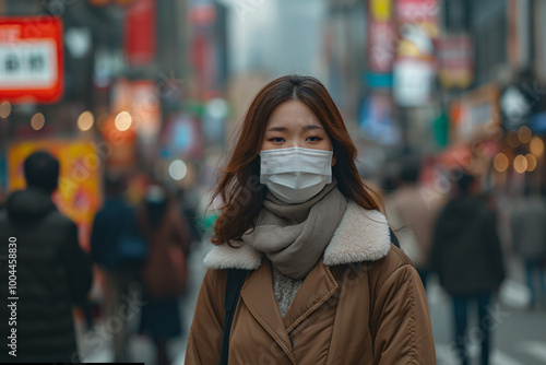 A young woman in a brown coat and mask strolls through a busy city street filled with people, showcasing vibrant advertisements and the gray sky above