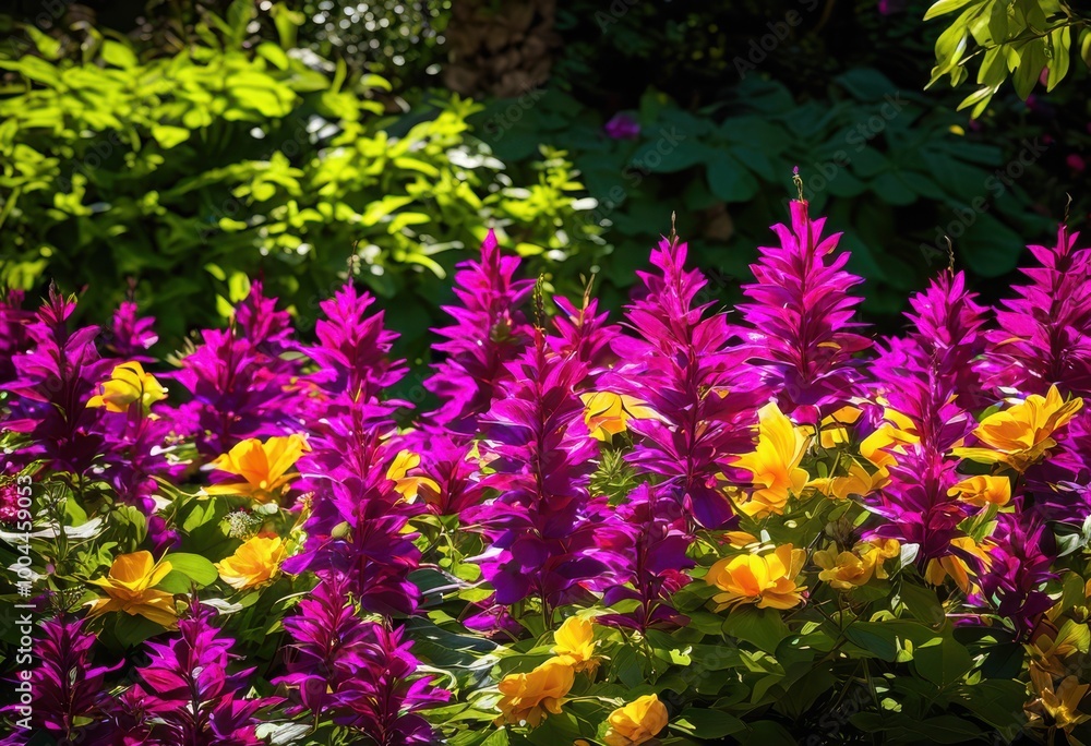 Obraz premium stunning close visuals colorful blooming flowers surrounded lush green plants capturing vibrancy, petal, blossom, greenery, leaf, garden, botanical, vivid