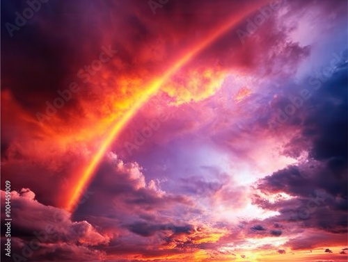 Rainbow arching across a cloudy sky after a rainstorm, colorful weather phenomenon