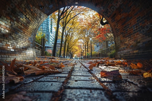 A scenic pathway captured through a brick archway, offering a breathtaking view of a tree-lined street with vibrant autumn leaves
