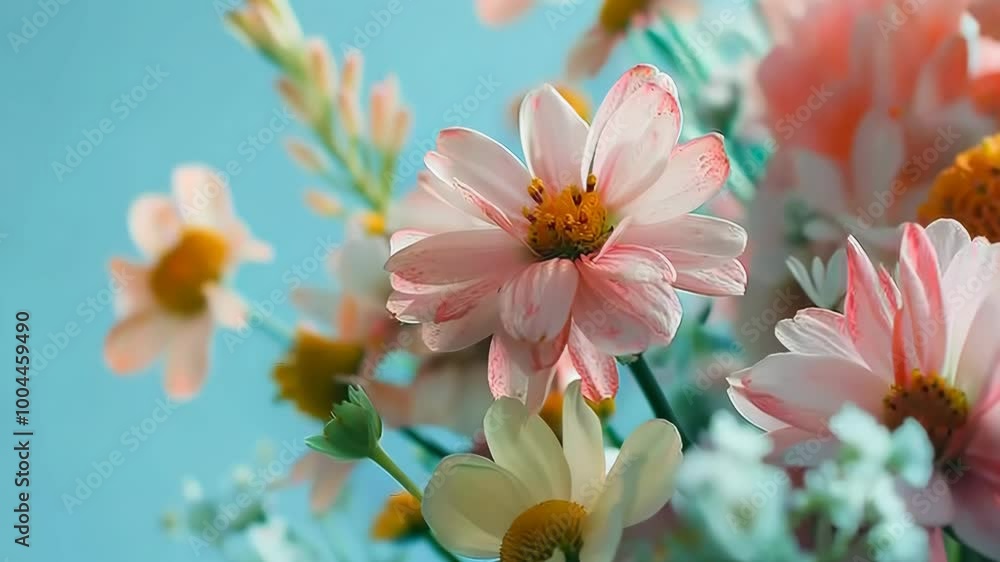Blossom bouquet against blue background with delicate petals and vibrant spring hues, 4k footage Blossom bouquet against blue background with delicate petals and vibrant spring hues, 4k footage