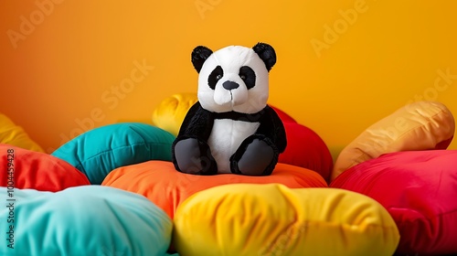 A cute panda plushie sitting atop mountain of colorful cushions photo