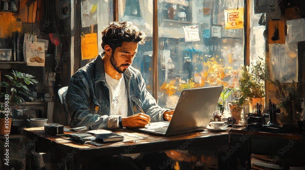 Man working on a laptop at a cozy, sunlit desk with plants. Man working on a laptop at a cozy, sunlit desk with plants.