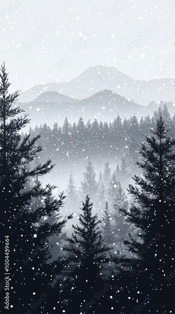 Fototapeta premium A serene winter landscape featuring silhouette of dense forest with pine trees, set against backdrop of misty mountains. Snowflakes gently fall, creating tranquil atmosphere