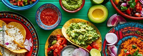 Wallpaper Mural Vibrant Mexican Dishes Flat Lay on Emerald Green Tablecloth, AI generated illustration Torontodigital.ca