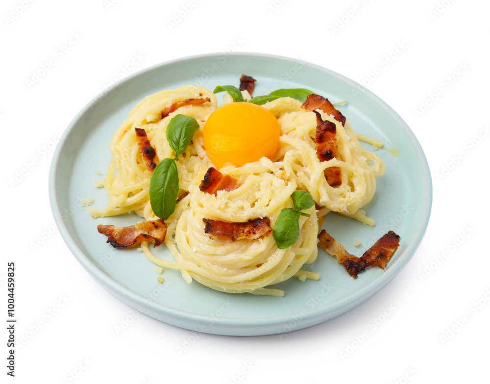 Delicious pasta Carbonara with egg yolk, bacon and basil isolated on white Delicious pasta Carbonara with egg yolk, bacon and basil isolated on white