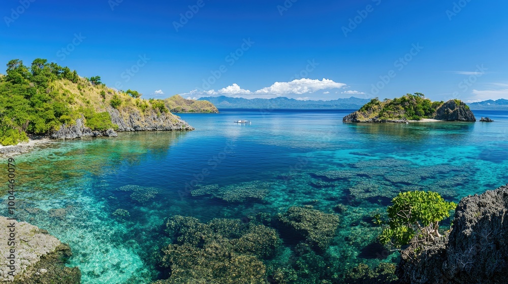 Fototapeta premium A pristine island lagoon with shallow, clear waters, surrounded by a ring of coral, offering an idyllic paradise setting under a bright blue sky.