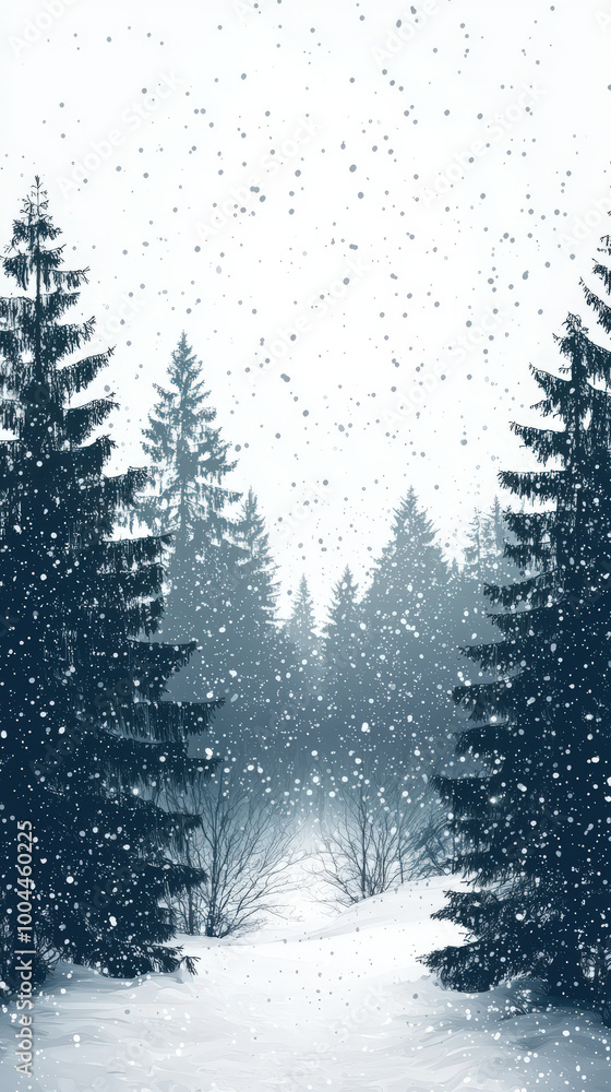 Obraz premium A serene winter landscape featuring snow covered forest with tall pine trees. Snowflakes gently fall, creating peaceful and tranquil atmosphere in snowy wilderness