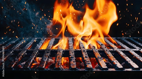 Fiery grill with bright orange flames dancing across the metal grates, hot coals below, intense barbecue heat, dark background with glowing sparks photo