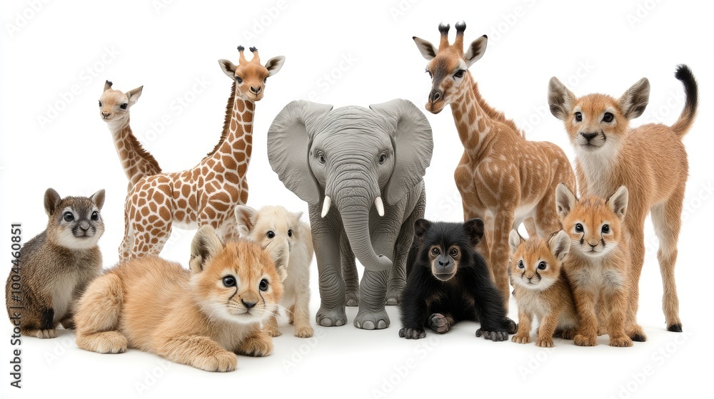 Obraz premium This illustration depicts a variety of animals including an elephant, giraffe, monkey, lion, and others, all gathered together on a clean white background, celebrating wildlife diversity