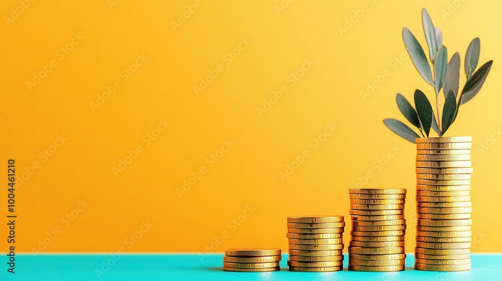 Stacks of coins with a green plant on yellow background. Stacks of coins with a green plant on yellow background.