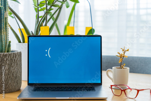 Sad laptop monitor with blue screen error on home office desk with decorative plants and red glasses
