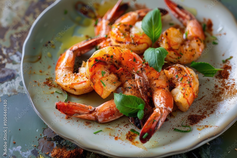 Closeup of grilled shrimp on a white plate with parsley garnish Closeup of grilled shrimp on a white plate with parsley garnish