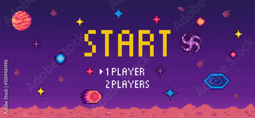 Retro start screen for a video game with pixel art style showcasing space elements like stars, planets, and galaxies, with options for 1 or 2 players. Ideal for gaming, space, 1980s nostalgia, retro