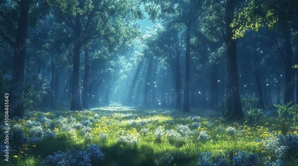 Experience the enchanting beauty of a majestic forest at twilight, featuring towering trees and soft beams of light filtering through the vibrant greenery. Experience the enchanting beauty of a majestic forest at twilight, featuring towering trees and soft beams of light filtering through the vibrant greenery.