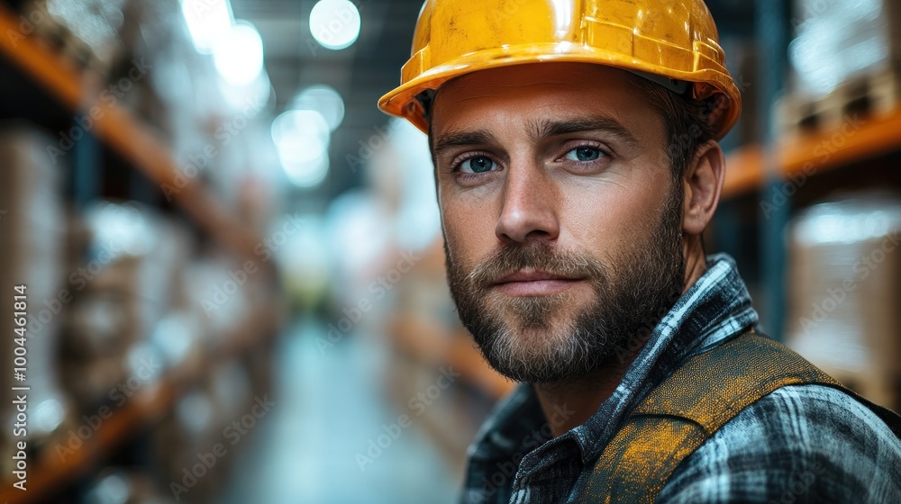 A confident worker in a warehouse wearing a safety helmet. A confident worker in a warehouse wearing a safety helmet.