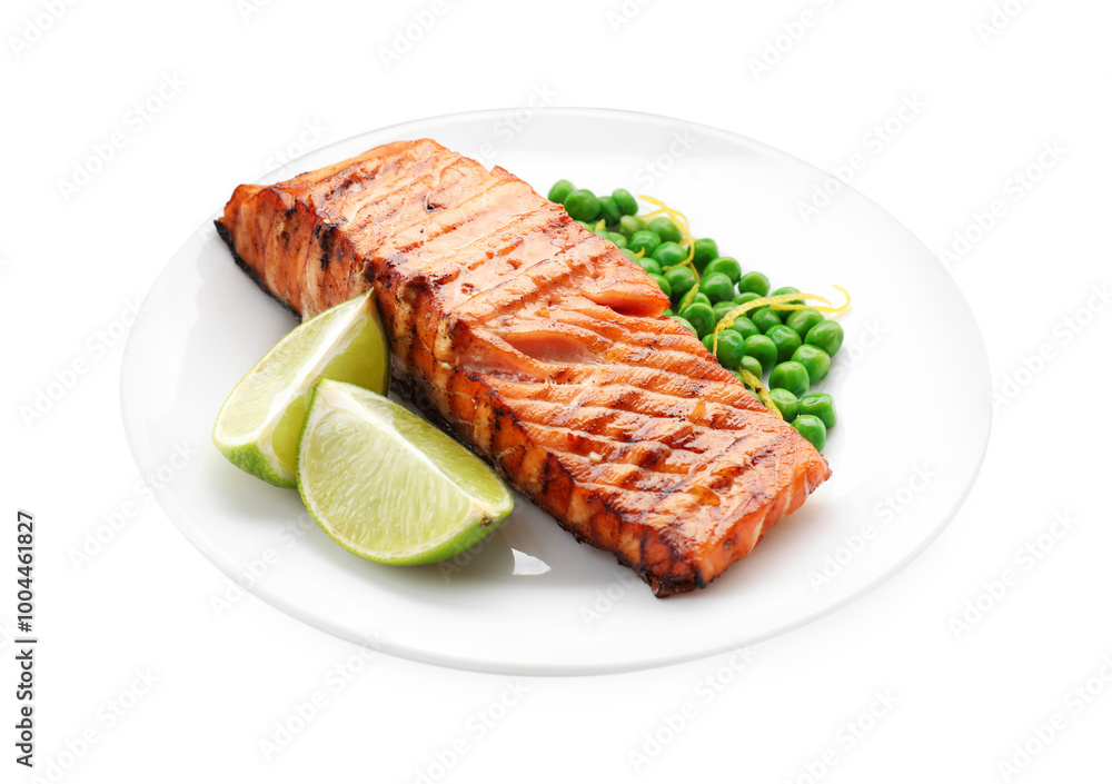 Delicious grilled salmon fillet with green peas and lime isolated on white Delicious grilled salmon fillet with green peas and lime isolated on white